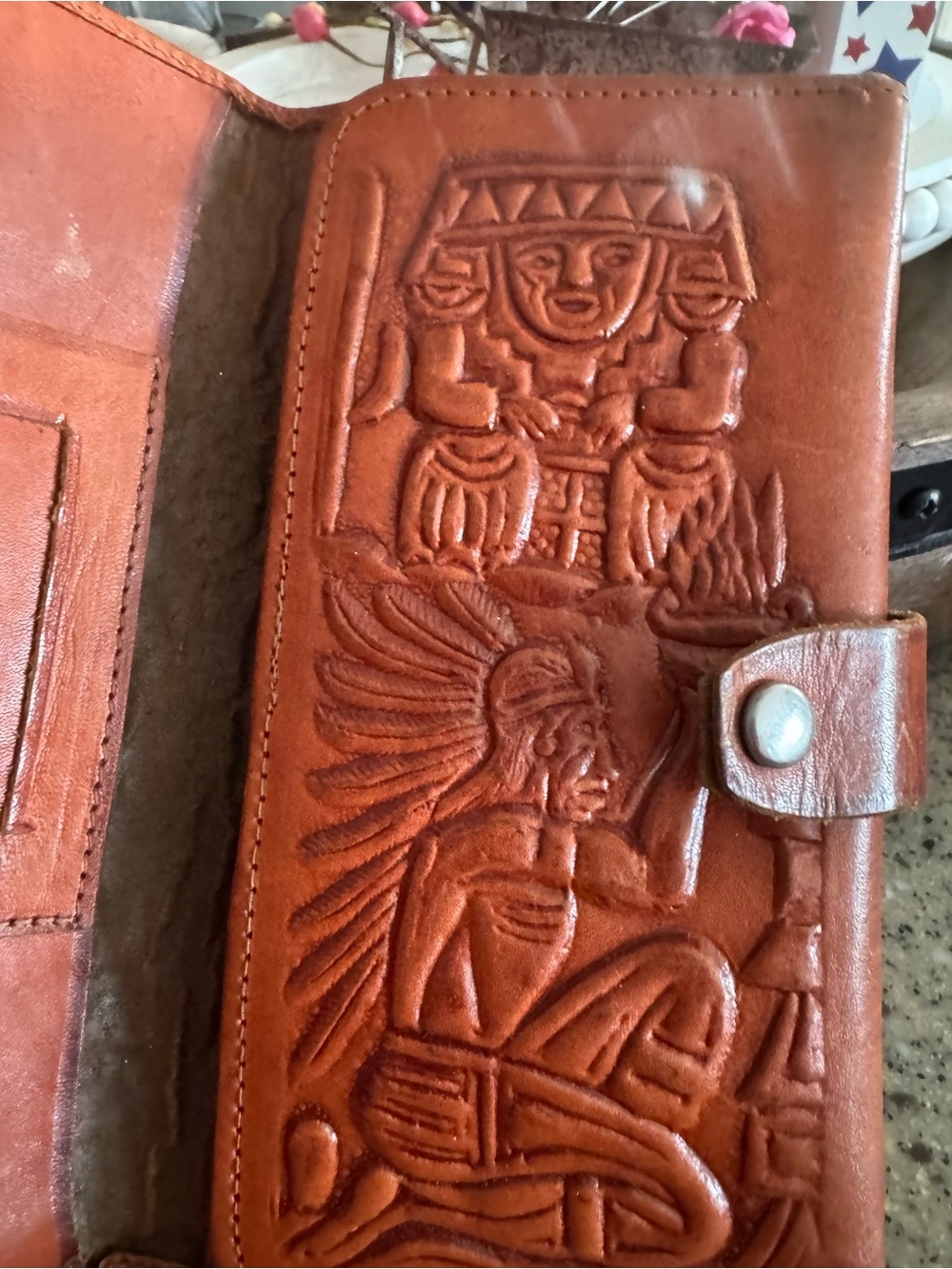 Hand-Tooled Leather Wallet with Native Motif - Cognac Brown